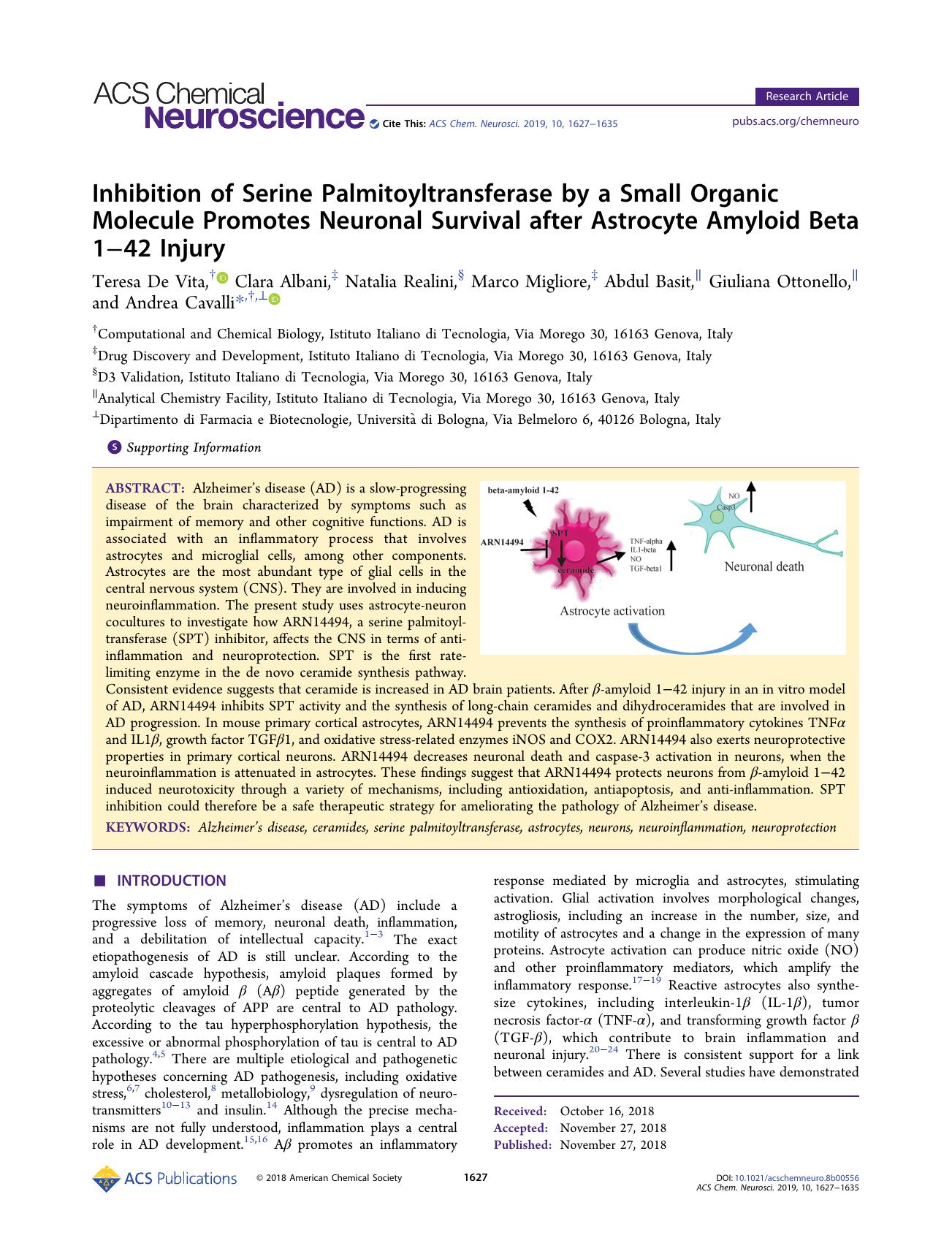 Inhibition of Serine Palmitoyltransferase by a Small Organic Molecule Promotes Neuronal Survival after Astrocyte Amyloid Beta 1â42 Injury by unknow