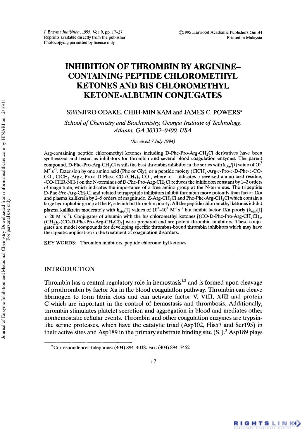 Inhibition of Thrombin by Arginine-Containing Peptide Chloromethyl Ketones and Bis Chloromethyl Ketone-Albumin Conjugates by Shinjiro Odake Chih-Min Kam & James C. Powers