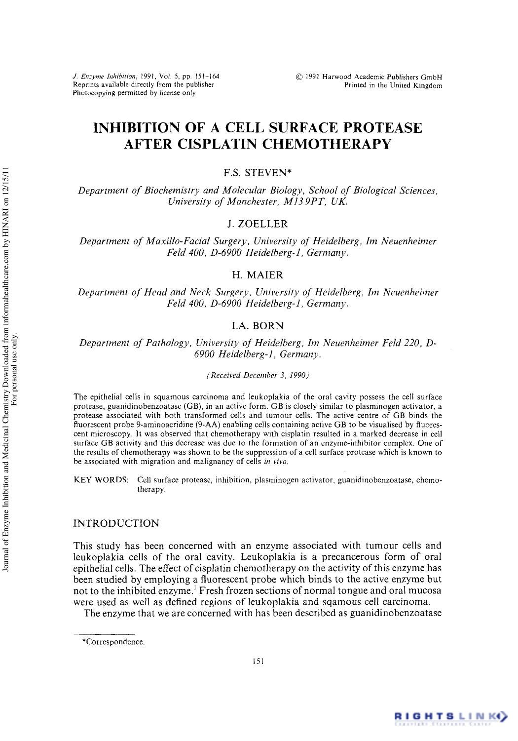 Inhibition of a Cell Surface Protease After Cisplatin Chemotherapy by F. S. Steven J. Zoeller H. Maier & I. A. Born