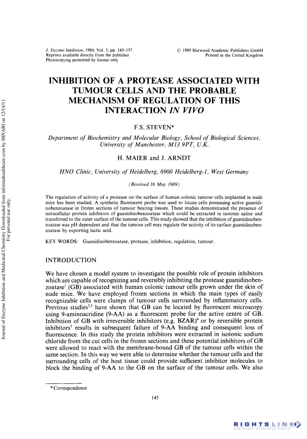 Inhibition of a Protease Associated with Tumour Cells and the Probable Mechanism of Regulation of this Interaction in Vivo by F. S. Steven H. Maier & J. Arndt