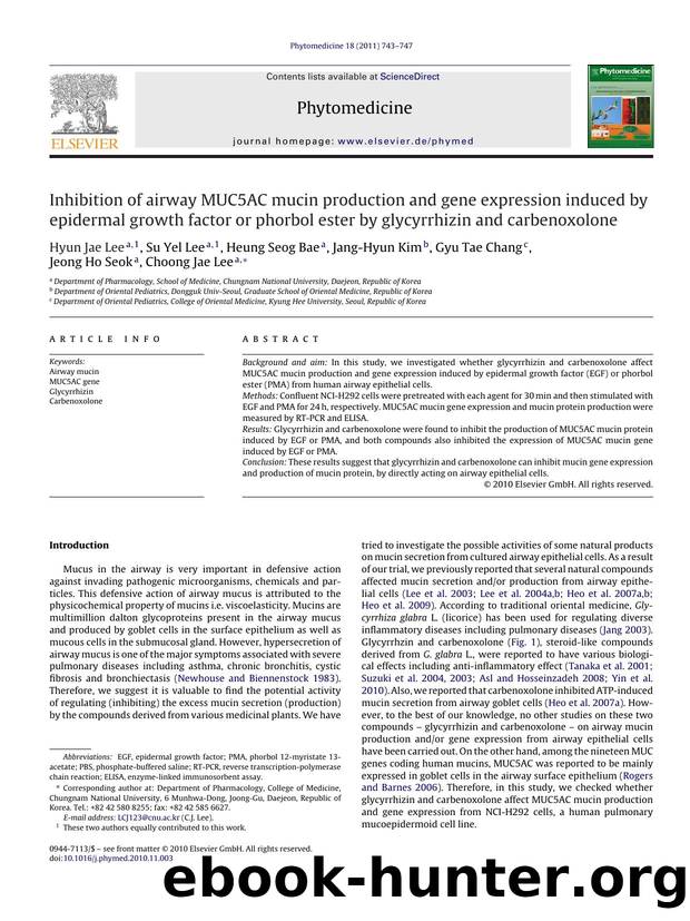 Inhibition of airway MUC5AC mucin production and gene expression induced by epidermal growth factor or phorbol ester by glycyrrhizin and carbenoxolone by Hyun Jae Lee