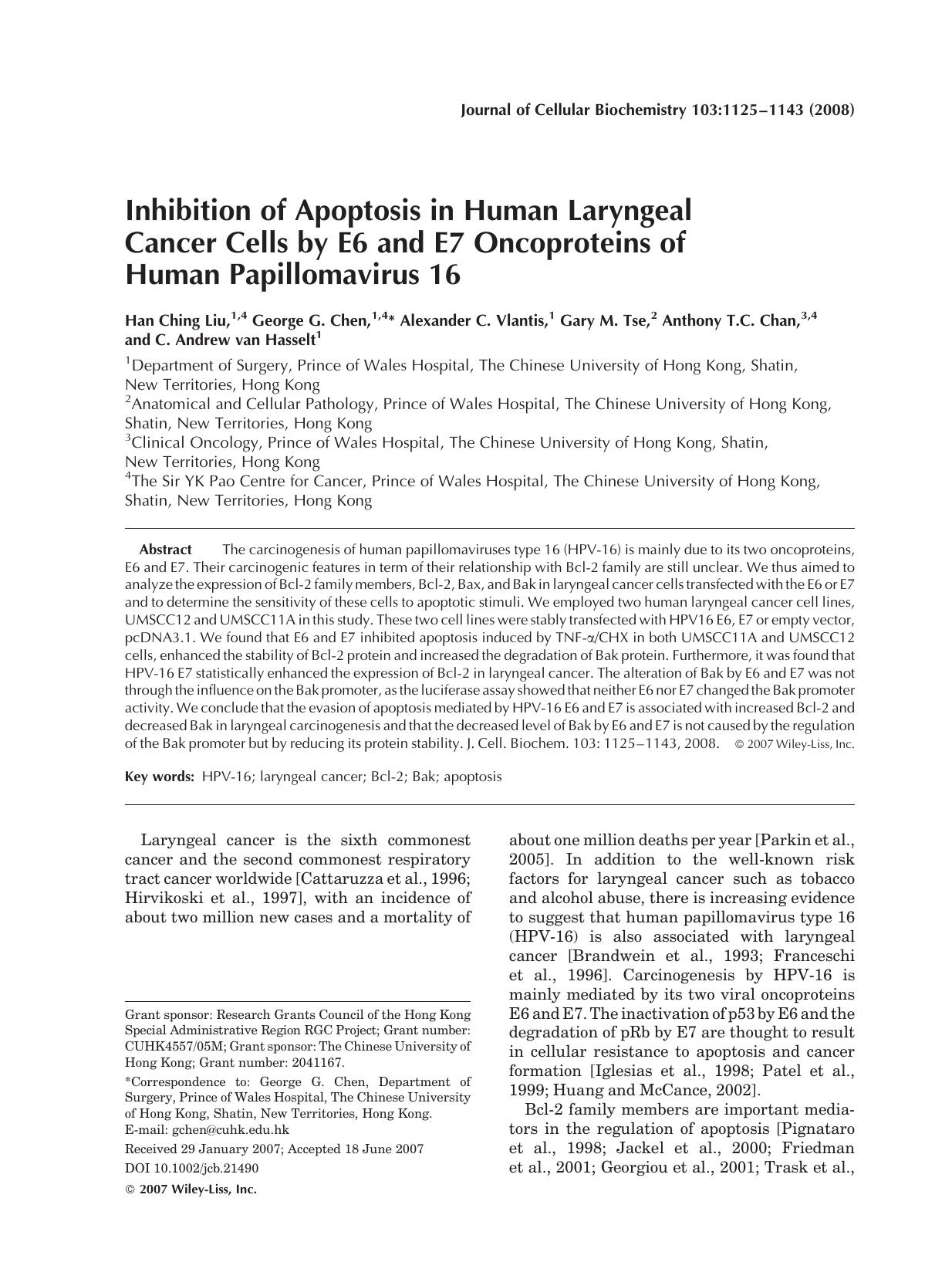 Inhibition of apoptosis in human laryngeal cancer cells by E6 and E7 oncoproteins of human papillomavirus 16 by Unknown