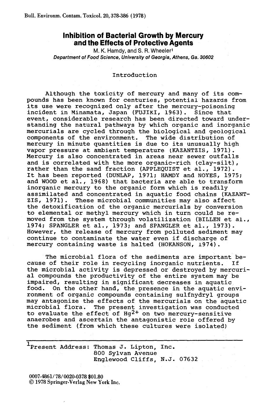Inhibition of bacterial growth by mercury and the effects of protective agents by Unknown