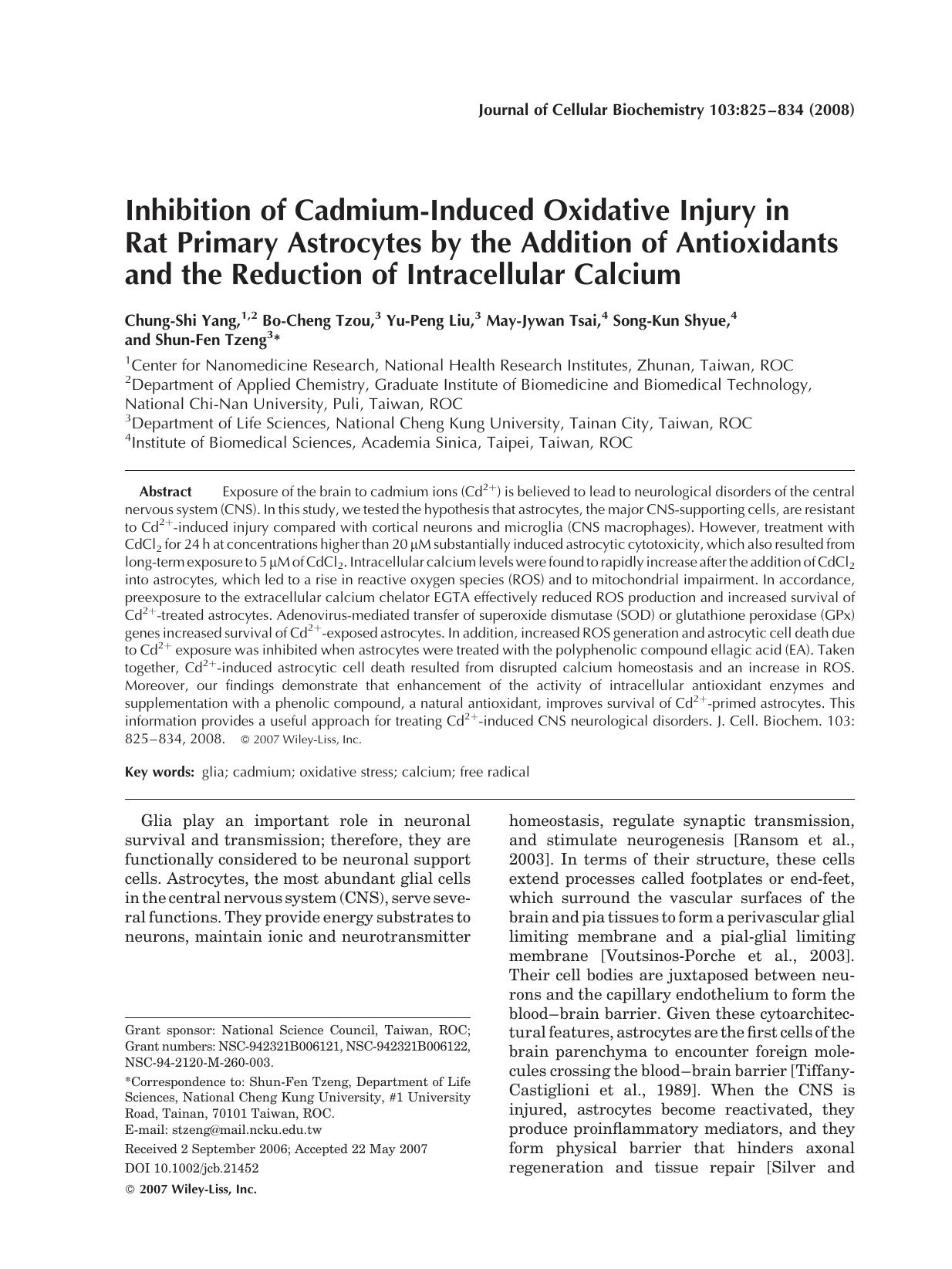 Inhibition of cadmium-induced oxidative injury in rat primary astrocytes by the addition of antioxidants and the reduction of intracellular calcium by Unknown
