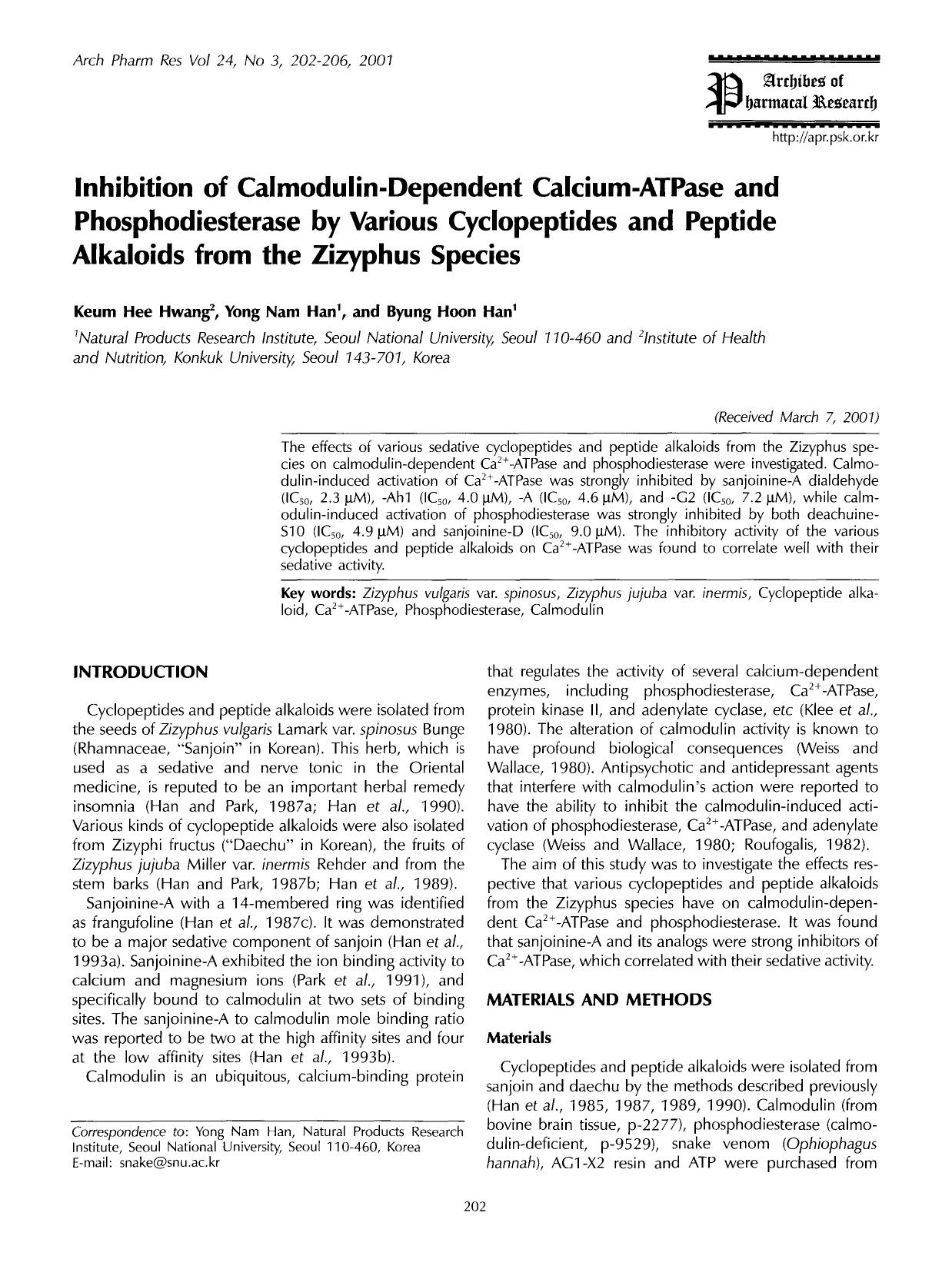 Inhibition of calmodulin-dependent Calcium-ATPase and phosphodiesterase by various cyclopeptides and peptide alkaloids from the zizyphus species by Unknown