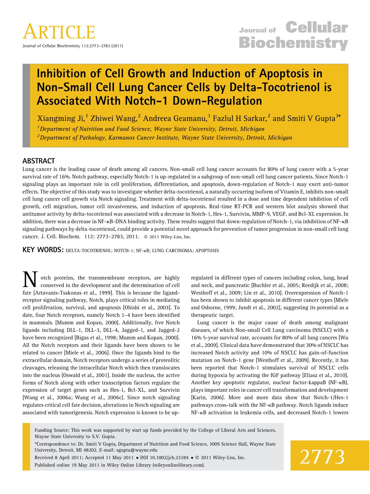 Inhibition of cell growth and induction of apoptosis in nonsmall cell lung cancer cells by deltatocotrienol is associated with notch1 downregulation by Unknown