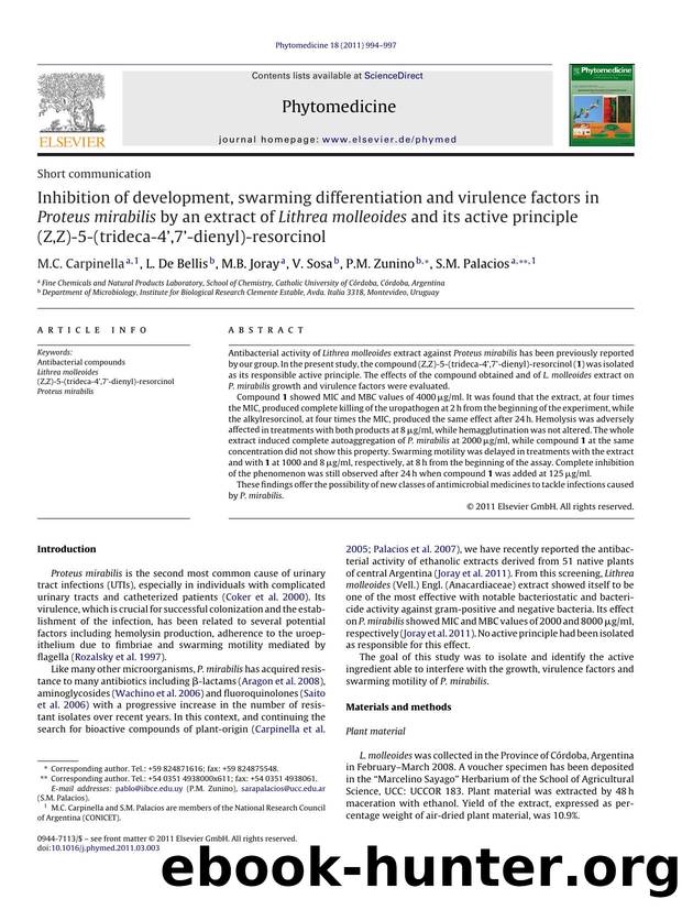 Inhibition of development, swarming differentiation and virulence factors in Proteus mirabilis by an extract of Lithrea molleoides and its active principle (Z,Z)-5-(trideca-4Ã¢â¬â by M.C. Carpinella