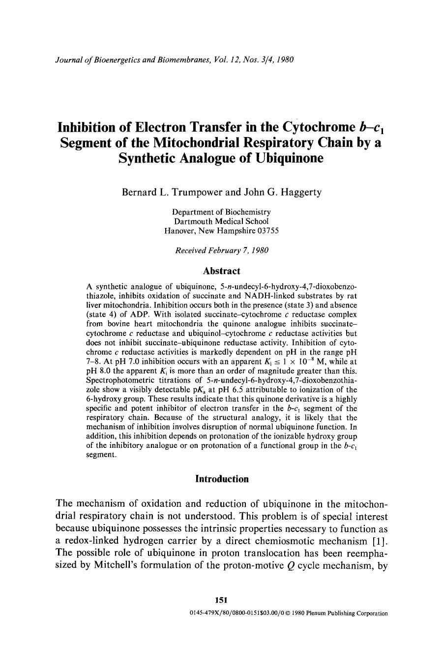Inhibition of electron transfer in the cytochrome <Emphasis Type="Italic">b-c <Emphasis> <Subscript>1 <Subscript> segment of the mitochondrial respiratory chain by a synthetic analogue of ubiquinone by Unknown