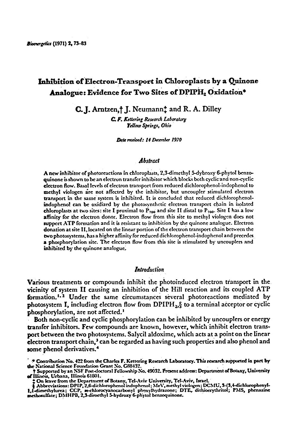 Inhibition of electron-transport in chloroplasts by a quinone analogue: evidence for two sites of DPIPH <Subscript>2 <Subscript> oxidation by Unknown