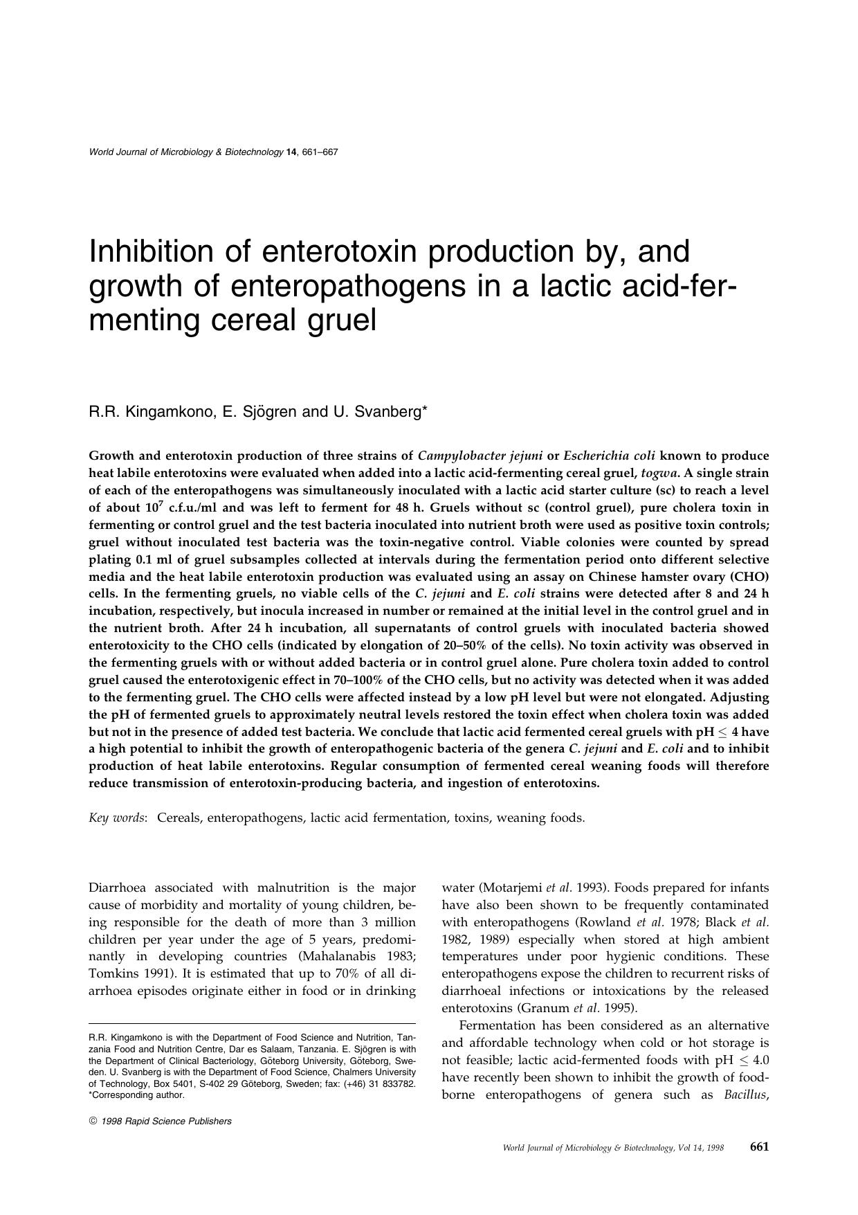 Inhibition of enterotoxin production by, and growth of enteropathogens in a lactic acid-fermenting cereal gruel by Unknown