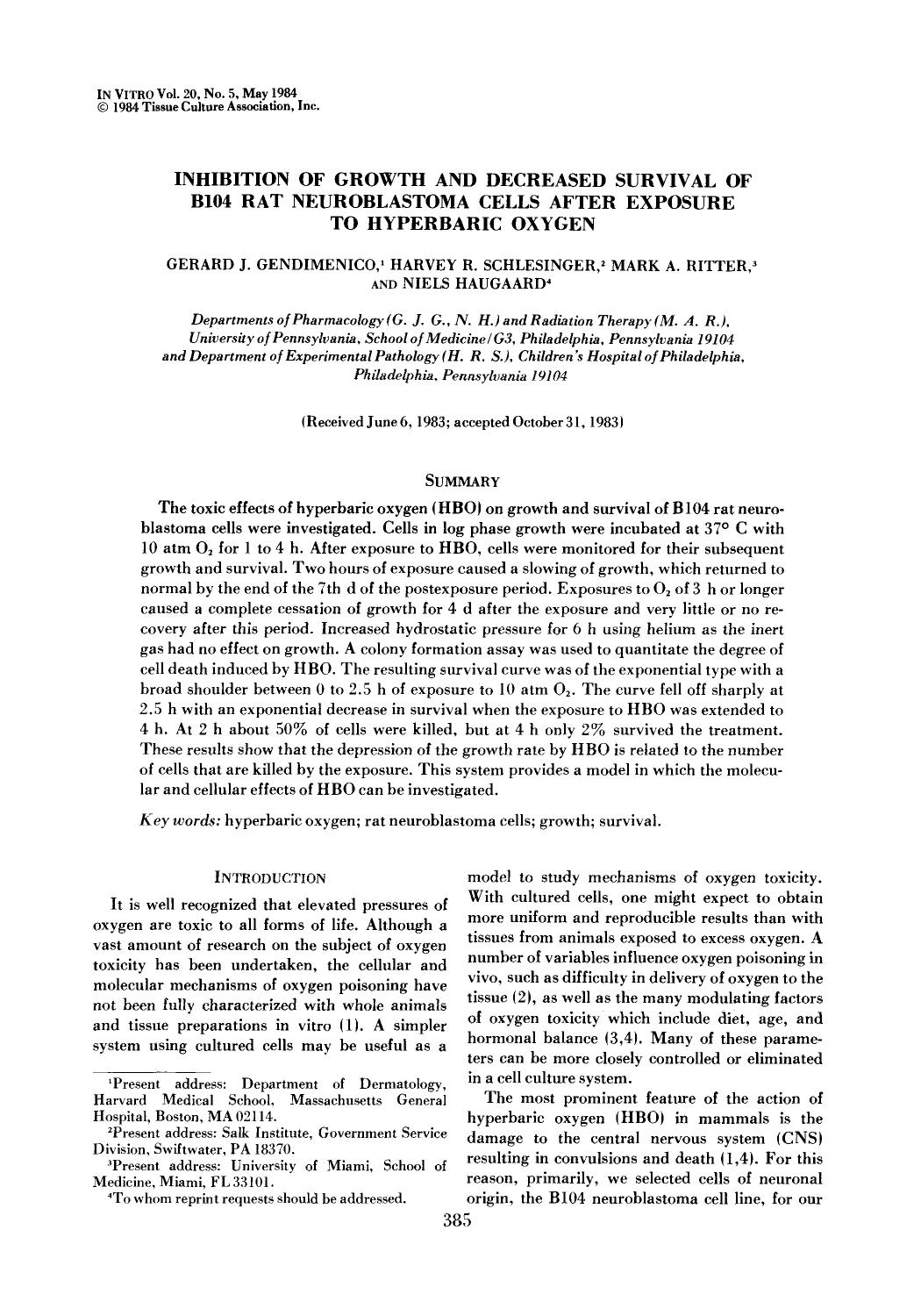Inhibition of growth and decreased survival of B104 rat neuroblastoma cells after exposure to hyperbaric oxygen by Unknown