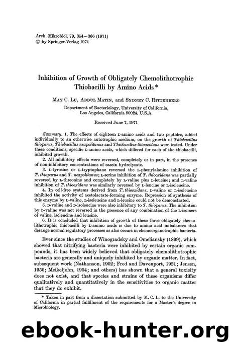Inhibition of growth of obligately chemolithotrophic thiobacilli by amino acids by Unknown