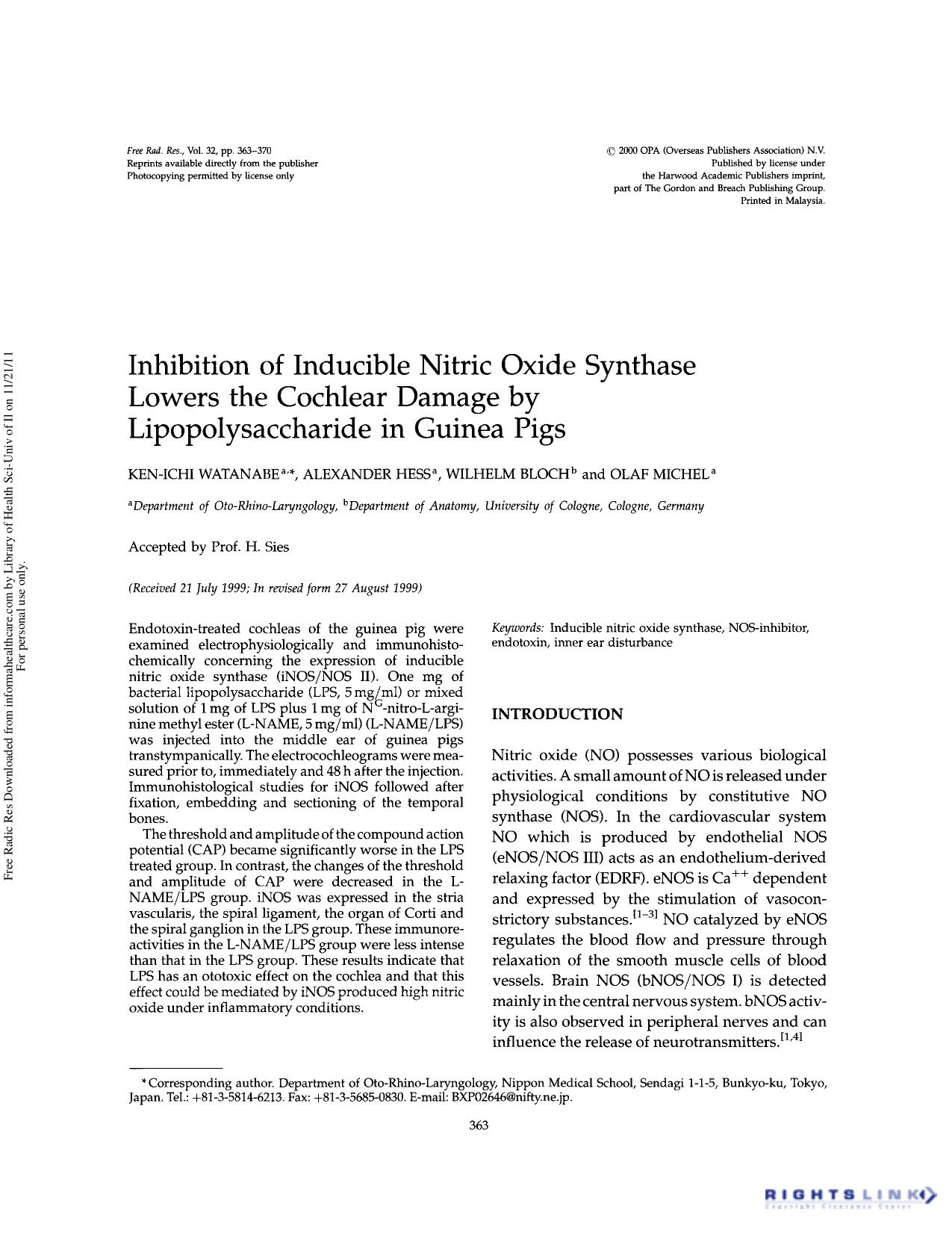 Inhibition of inducible nitric oxide synthase lowers the cochlear damage by lipopolysaccharide in guinea pigs by Ken-Ichi Watanabe Alexander Hess Wilhelm Bloch & Olaf Michel