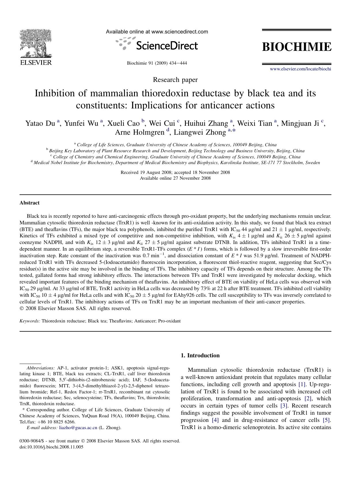 Inhibition of mammalian thioredoxin reductase by black tea and its constituents: Implications for anticancer actions by unknow