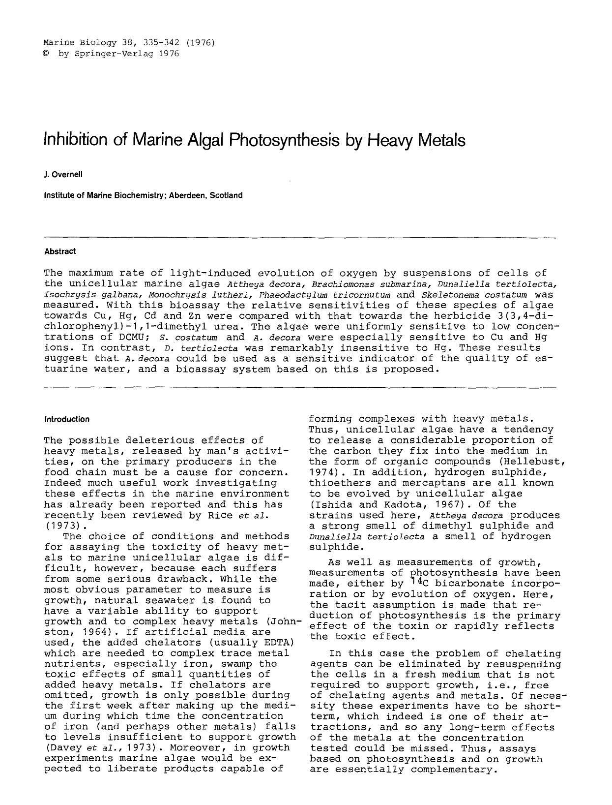 Inhibition of marine algal photosynthesis by heavy metals by Unknown