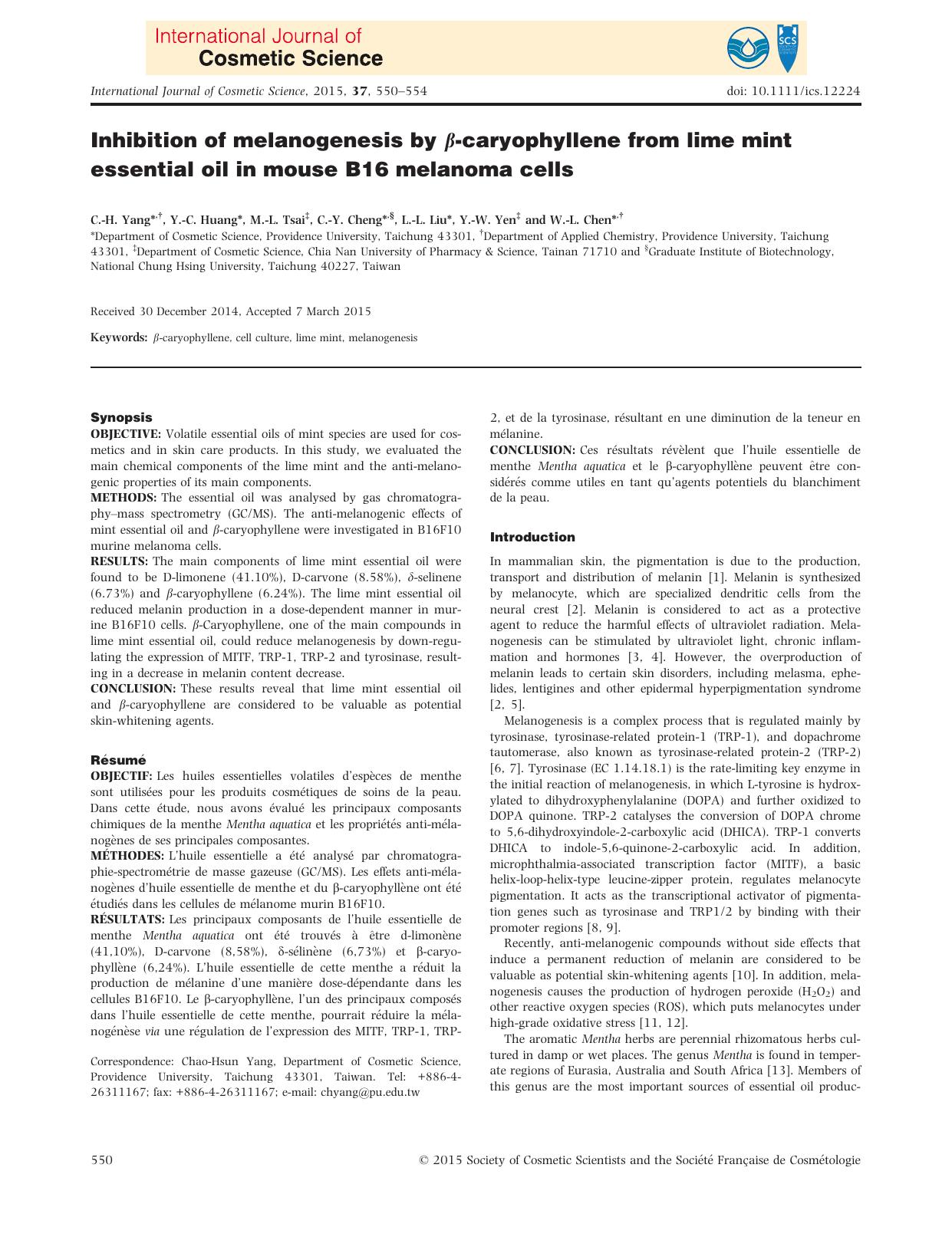 Inhibition of melanogenesis by &#x03B2;&#x2010;caryophyllene from lime mint essential oil in mouse B16 melanoma cells by Unknown
