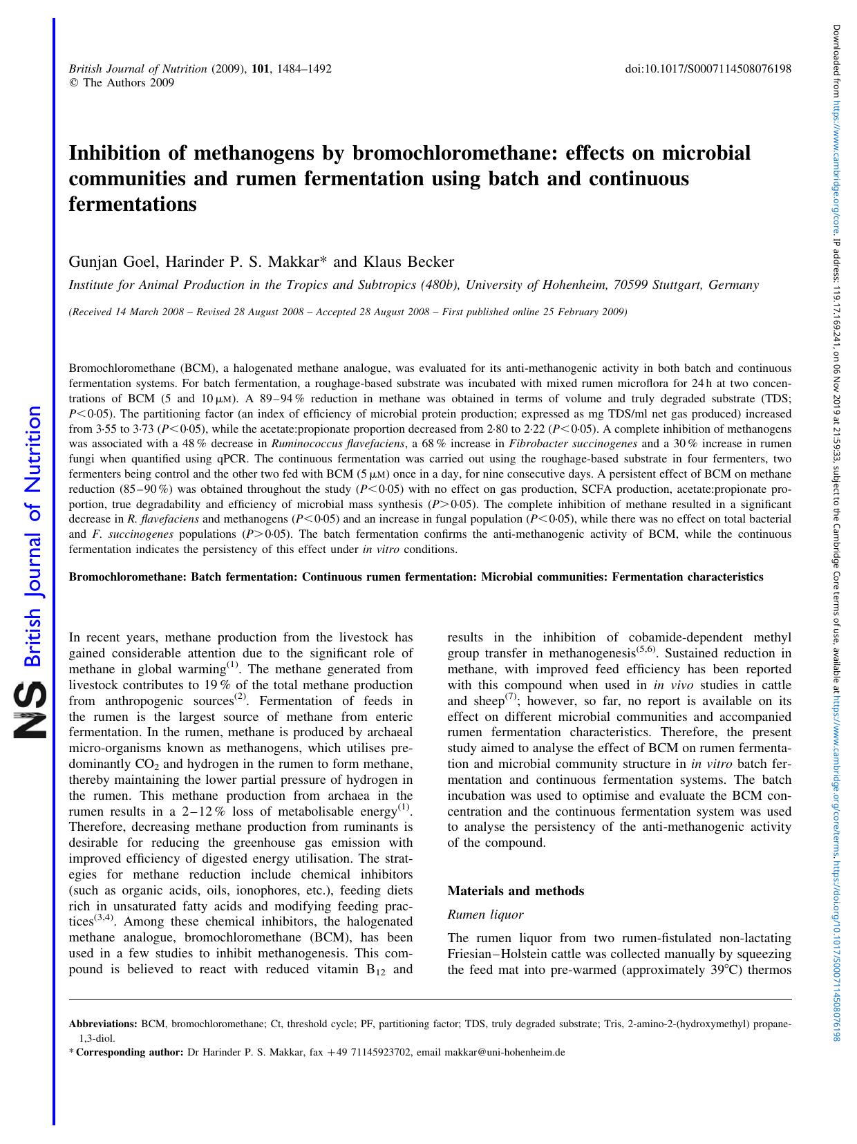 Inhibition of methanogens by bromochloromethane: effects on microbial communities and rumen fermentation using batch and continuous fermentations by Gunjan Goel Harinder P. S. Makkar Klaus Becker