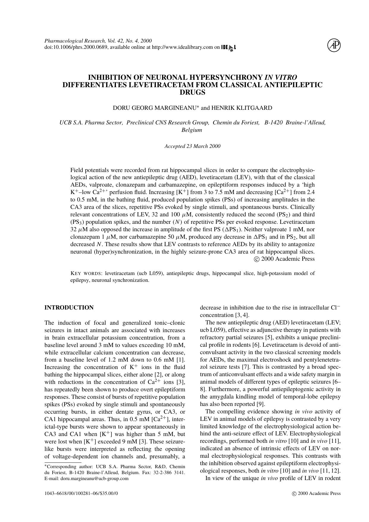 Inhibition of neuronal hypersynchrony in vitro differentiates levetiracetam from classical antiepileptic drugs by D. Georg Margineanu & H. Klitgaard