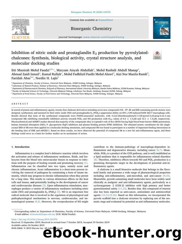 Inhibition of nitric oxide and prostaglandin E2 production by pyrrolylated-chalcones_ Synthesis, biological activity, crystal structure analysis, and molecular docking studies by unknow
