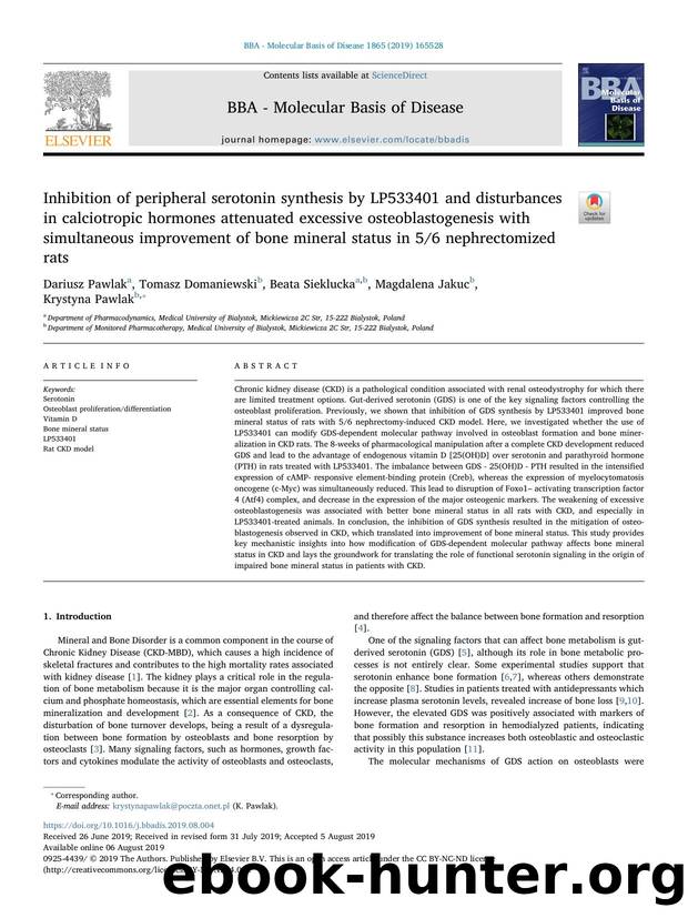 Inhibition of peripheral serotonin synthesis by LP533401 and disturbances in calciotropic hormones attenuated excessive osteoblastogenesis with simultaneous improvement of bone min by Dariusz Pawlak & Tomasz Domaniewski & Beata Sieklucka & Magdalena Jakuc & Krystyna Pawlak