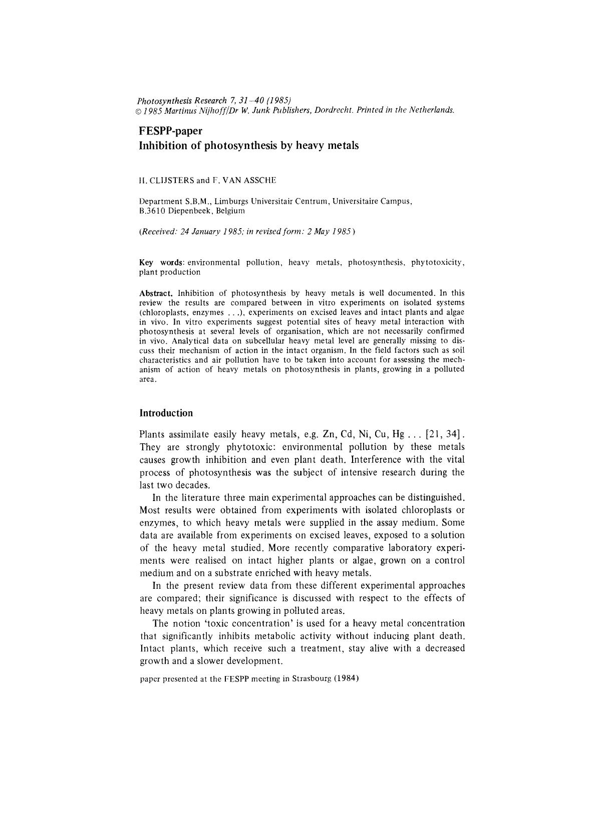 Inhibition of photosynthesis by heavy metals by Unknown