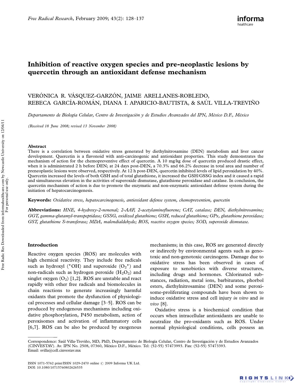Inhibition of reactive oxygen species and pre-neoplastic lesions by quercetin through an antioxidant defense mechanism by unknow