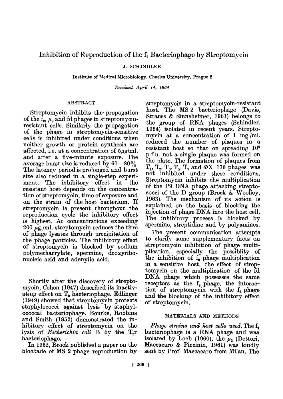 Inhibition of reproduction of the f <Subscript>2 <Subscript> bacteriophage by streptomycin by Unknown
