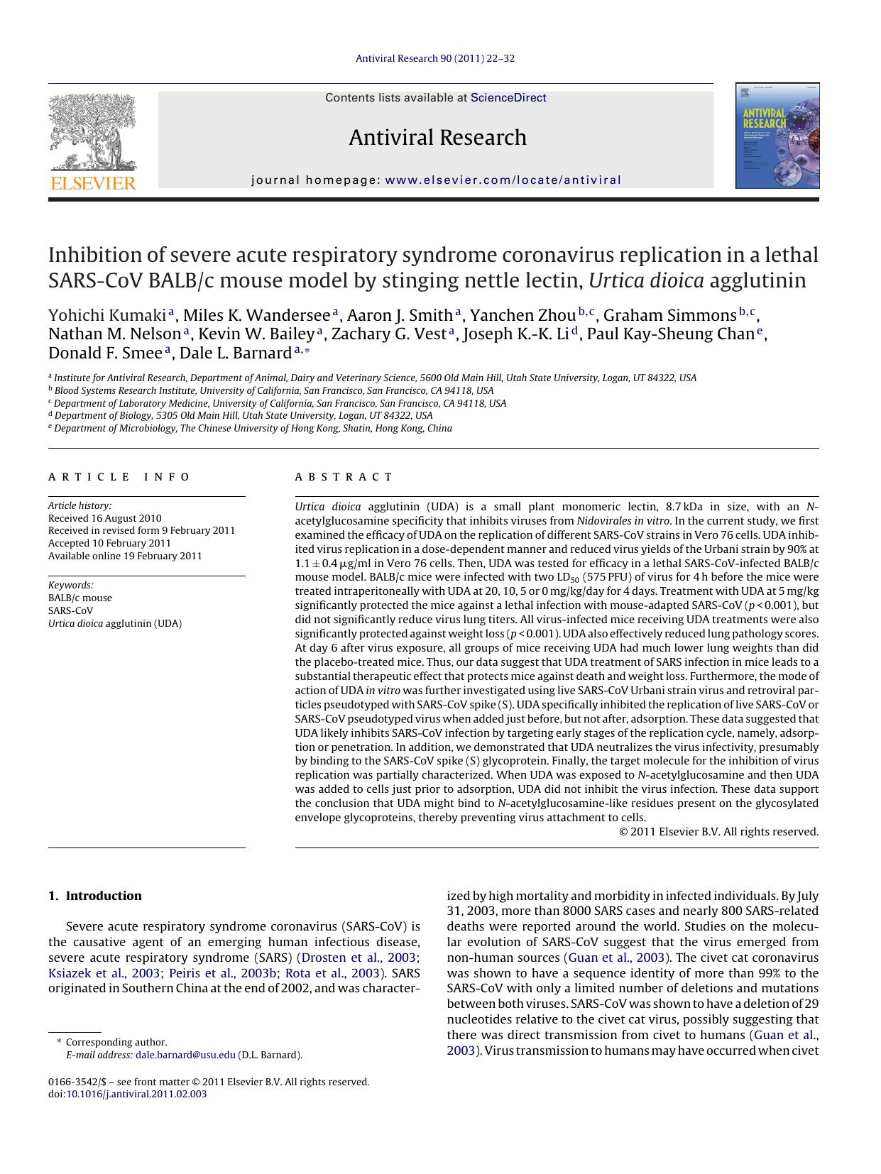Inhibition of severe acute respiratory syndrome coronavirus replication in a lethal SARS-CoV BALBc mouse model by stinging nettle lectin, Urtica dioica agglutinin by Yohichi Kumaki