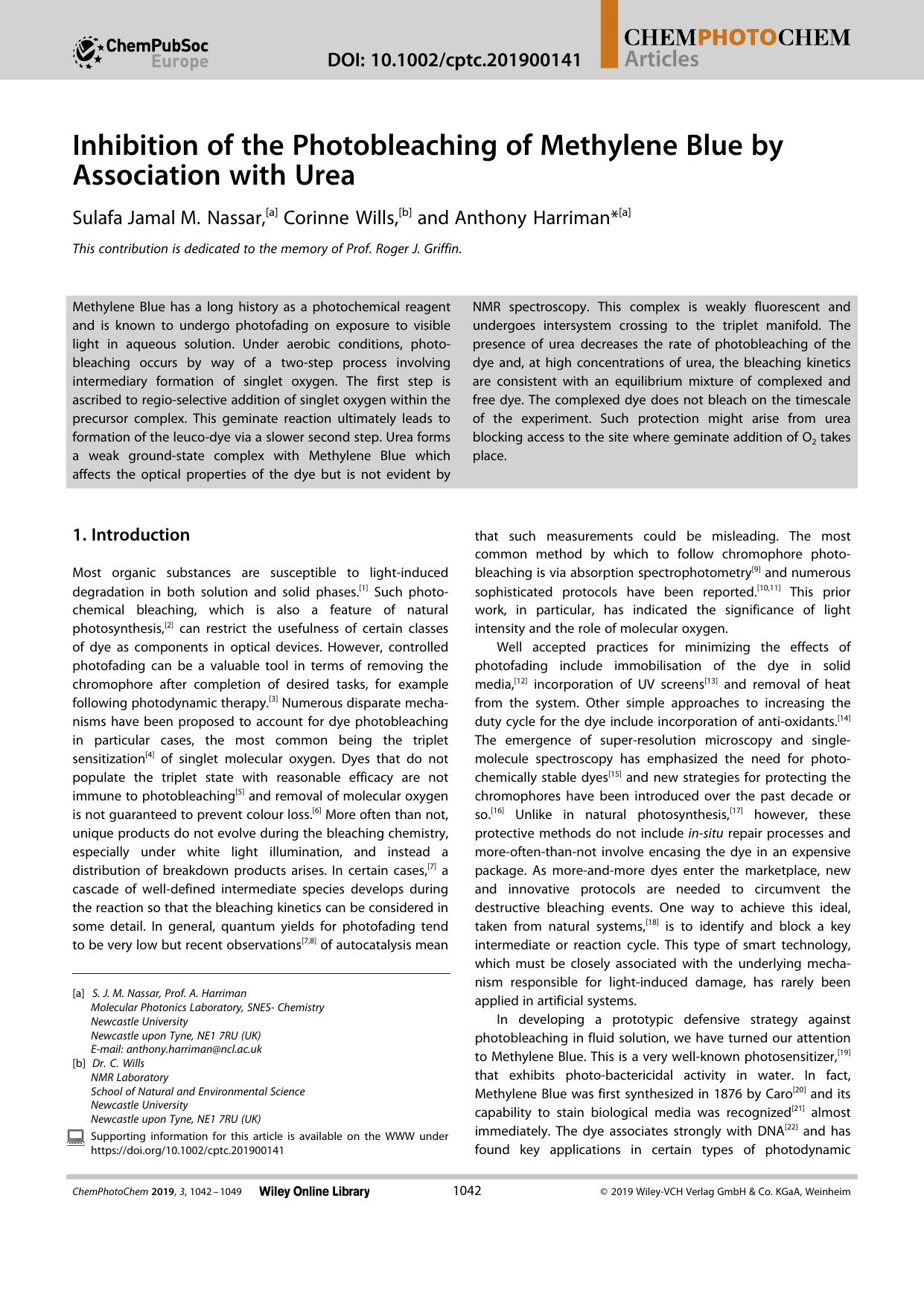 Inhibition of the Photobleaching of Methylene Blue by Association with Urea by Unknown