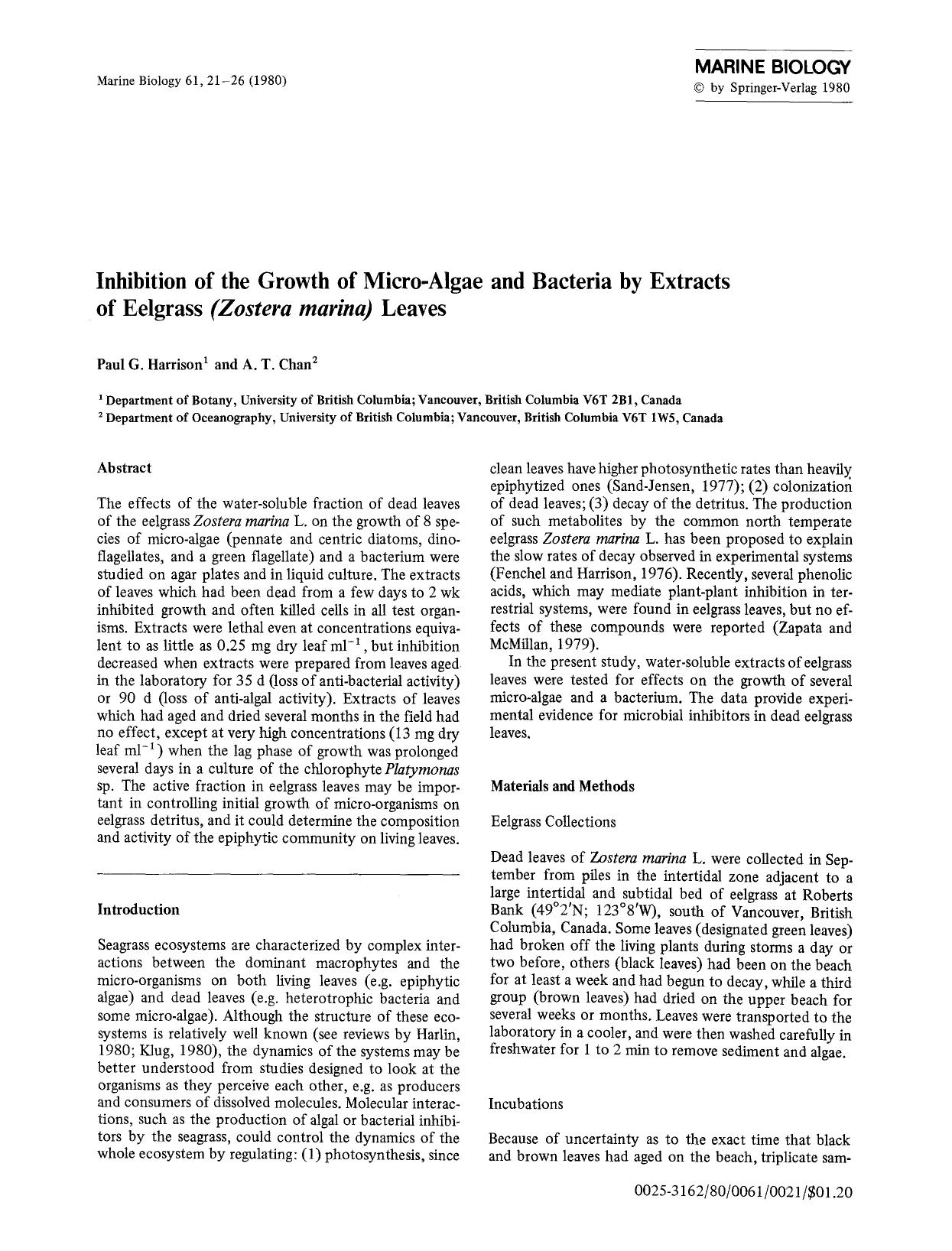 Inhibition of the growth of micro-algae and bacteria by extracts of eelgrass (<Emphasis Type="Italic">Zostera marina<Emphasis>) leaves by Unknown