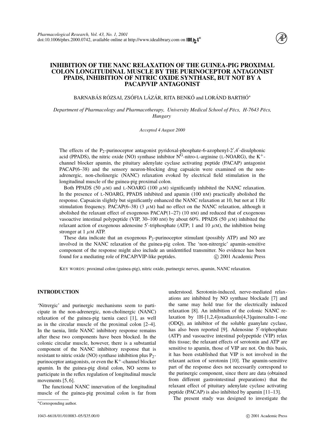 Inhibition of the nanc relaxation of the guinea-pig proximal colon longitudinal muscle by the purinoceptor antagonist ppads, inhibition of nitric oxide synthase, but not by a pacapvip antagonist by Barnabas Rozsai et al