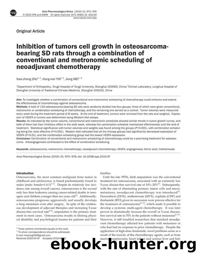 Inhibition of tumors cell growth in osteosarcoma-bearing SD rats through a combination of conventional and metronomic scheduling of neoadjuvant chemotherapy by Xiao-zhong Zhu & Hong-mei Yin & Jiong Mei
