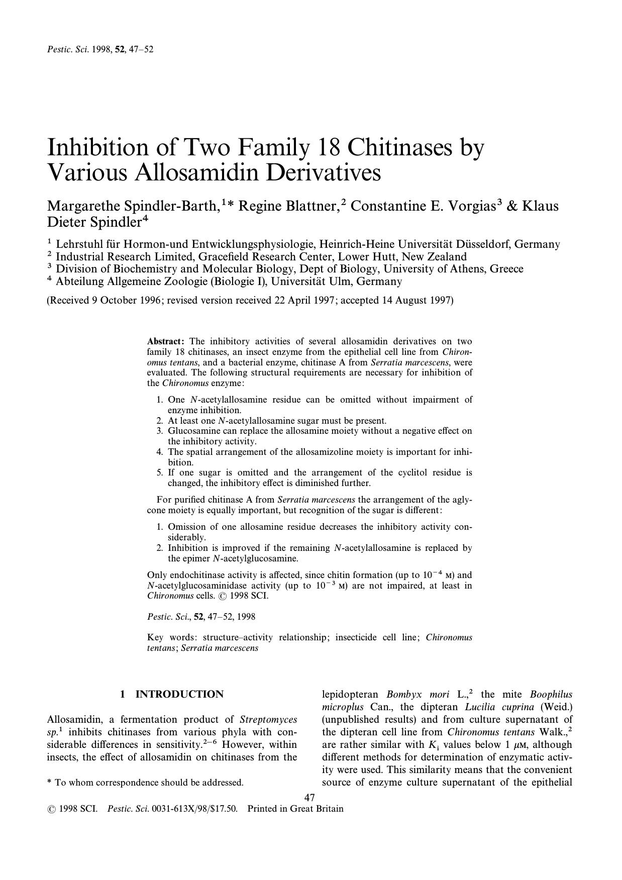 Inhibition of two family 18 chitinases by various allosamidin derivatives by Spindler-Barth Blattner Vorgias Spindler