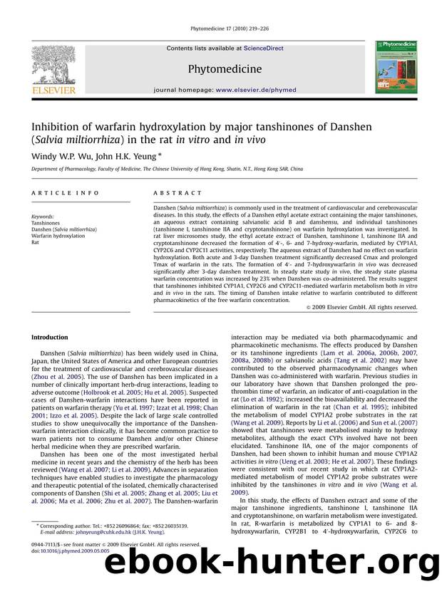Inhibition of warfarin hydroxylation by major tanshinones of Danshen (Salvia miltiorrhiza) in the rat in vitro and in vivo by Windy W.P. Wu; John H.K. Yeung