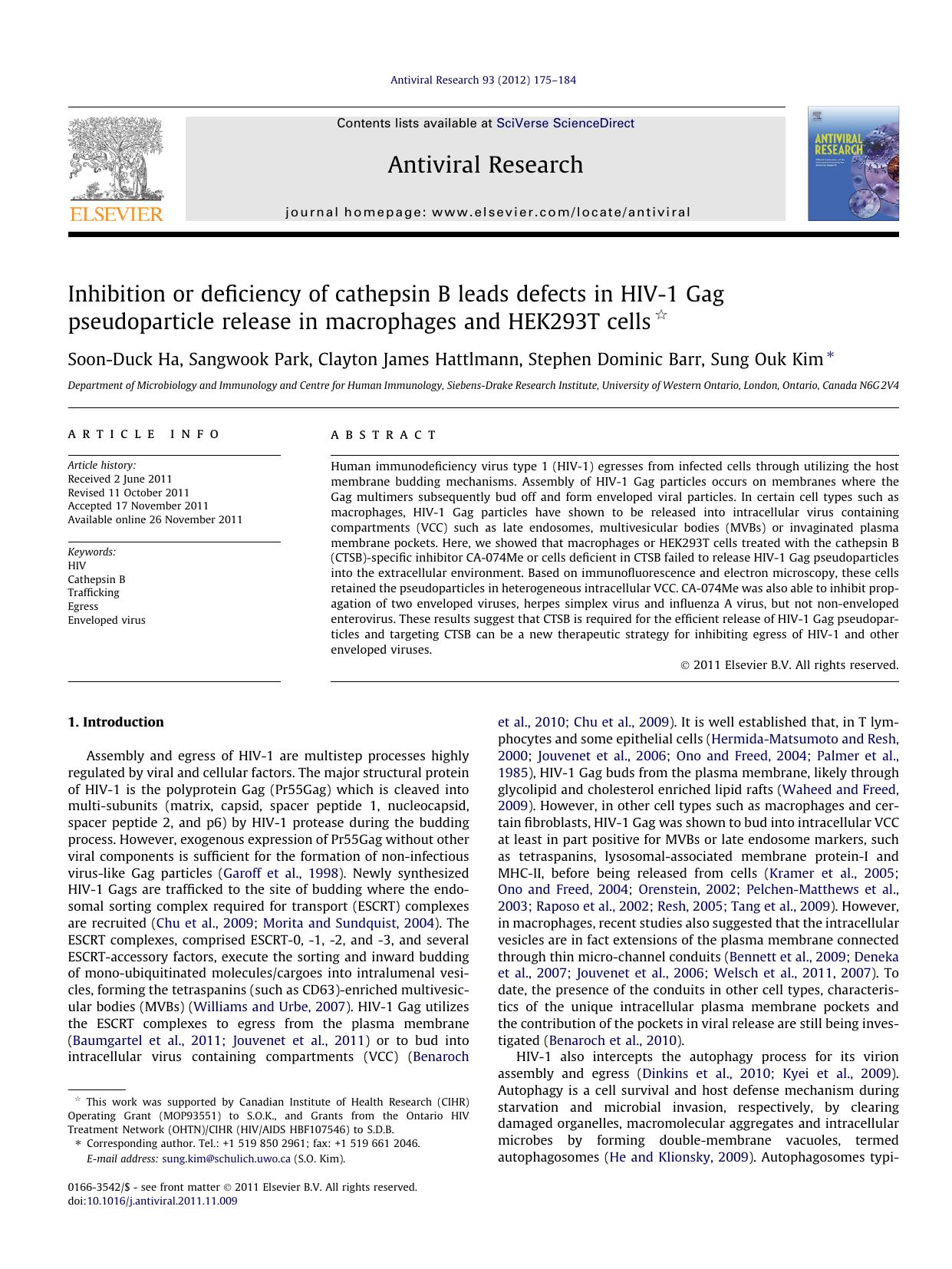 Inhibition or deficiency of cathepsin B leads defects in HIV-1 Gag pseudoparticle release in macrophages and HEK293T cells by Soon-Duck Ha & Sangwook Park & Clayton James Hattlmann & Stephen Dominic Barr & Sung Ouk Kim