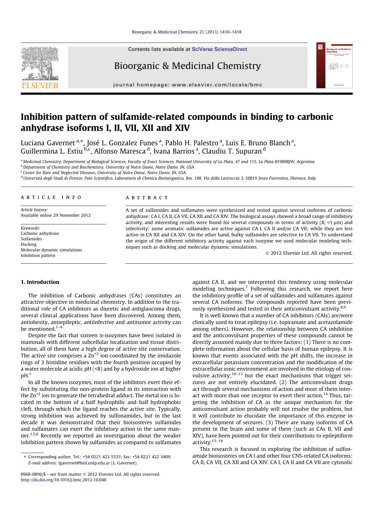Inhibition pattern of sulfamide-related compounds in binding to carbonic anhydrase isoforms I, II, VII, XII and XIV by unknow