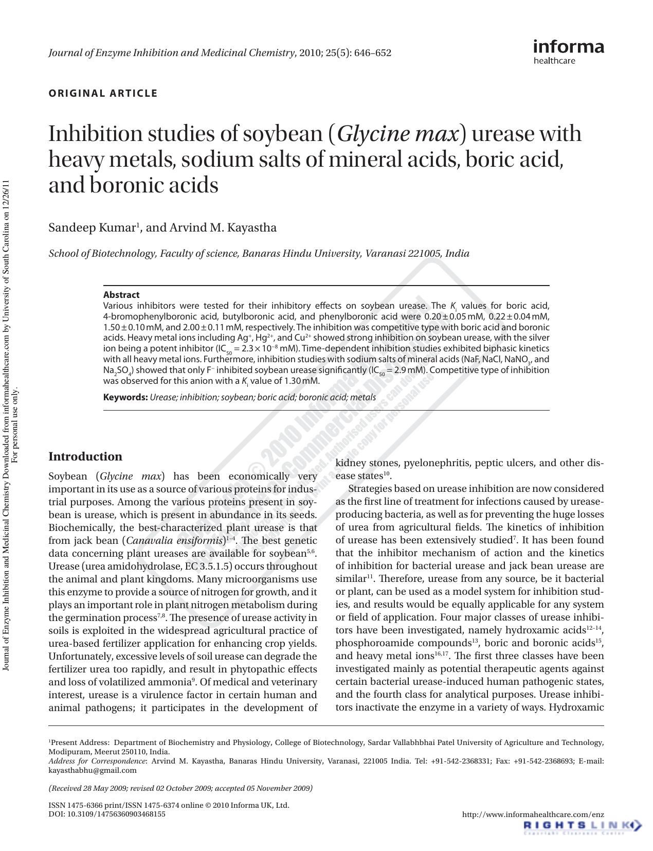 Inhibition studies of soybean (Glycine max) urease with heavy metals, sodium salts of mineral acids, boric acid, and boronic acids by Sandeep Kumar1 Arvind M. Kayastha kayasthabhu@gmail.com