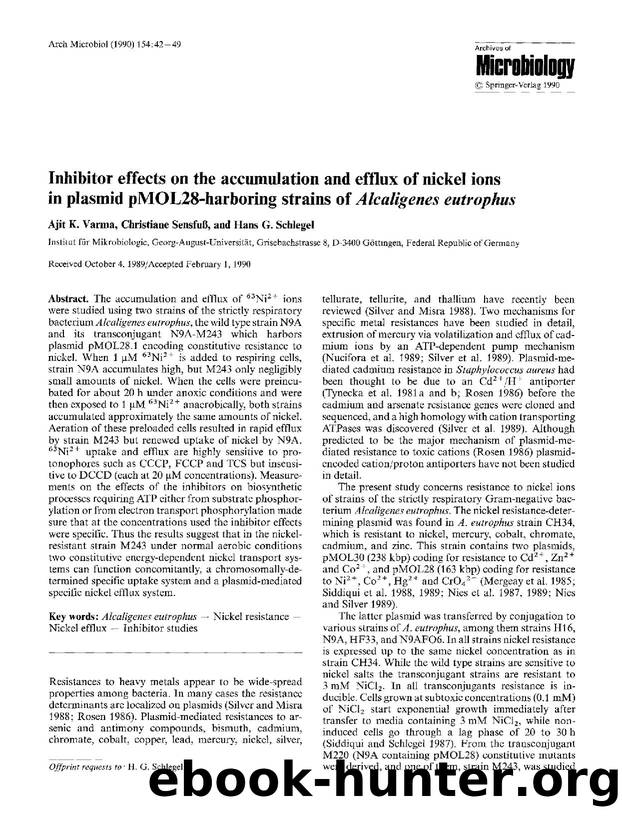 Inhibitor effects on the accumulation and efflux of nickel ions in plasmid pMOL28-harboring strains of <Emphasis Type="Italic">Alcaligenes eutrophus<Emphasis> by Unknown