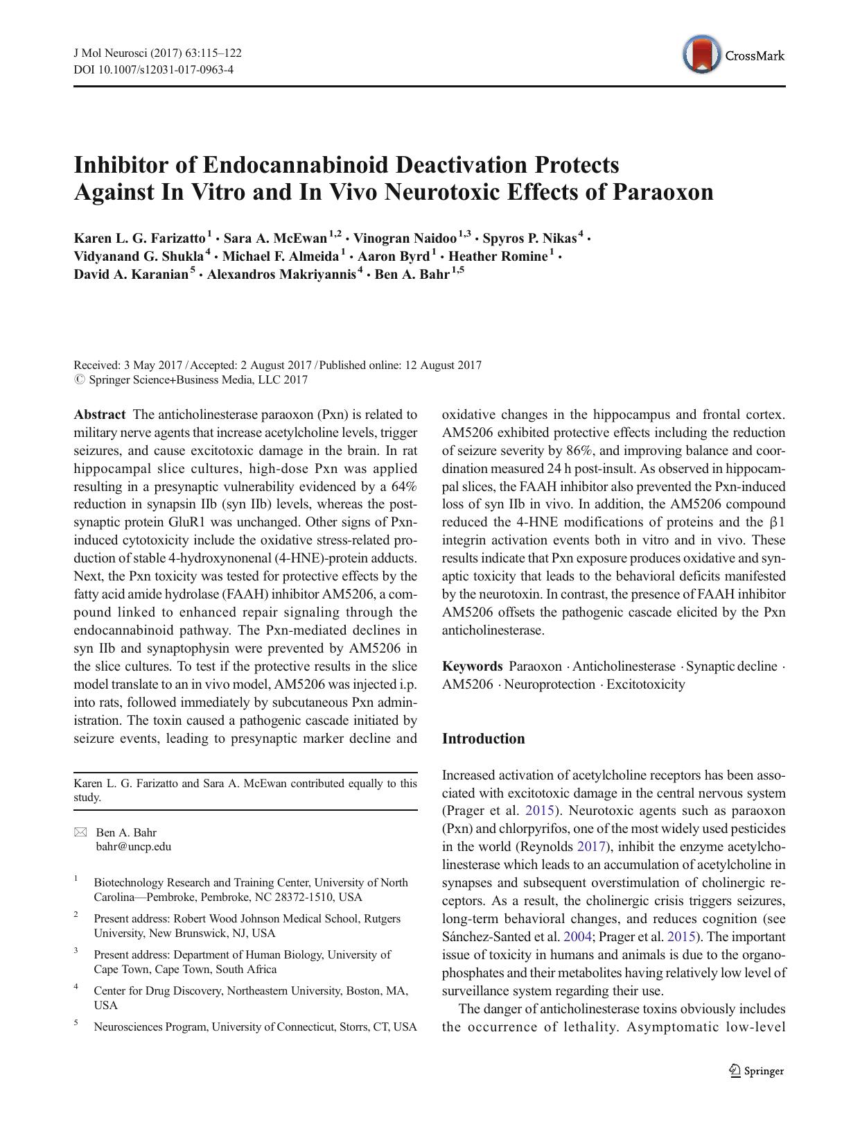 Inhibitor of Endocannabinoid Deactivation Protects Against In Vitro and In Vivo Neurotoxic Effects of Paraoxon by unknow