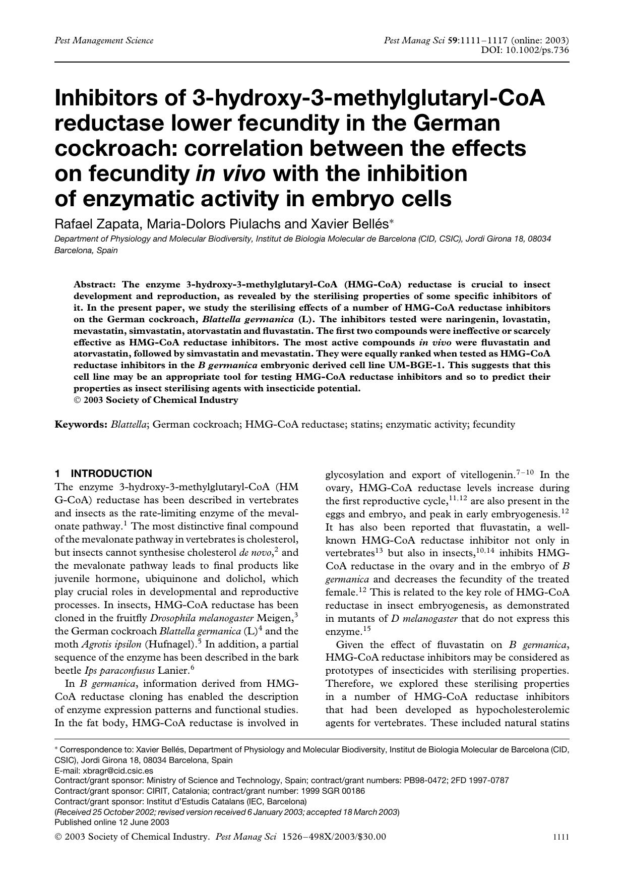 Inhibitors of 3-hydroxy-3-methylglutaryl-CoA reductase lower fecundity in the German cockroach: correlation between the effects on fecundity in vivo with the inhibition of enzymati by Unknown
