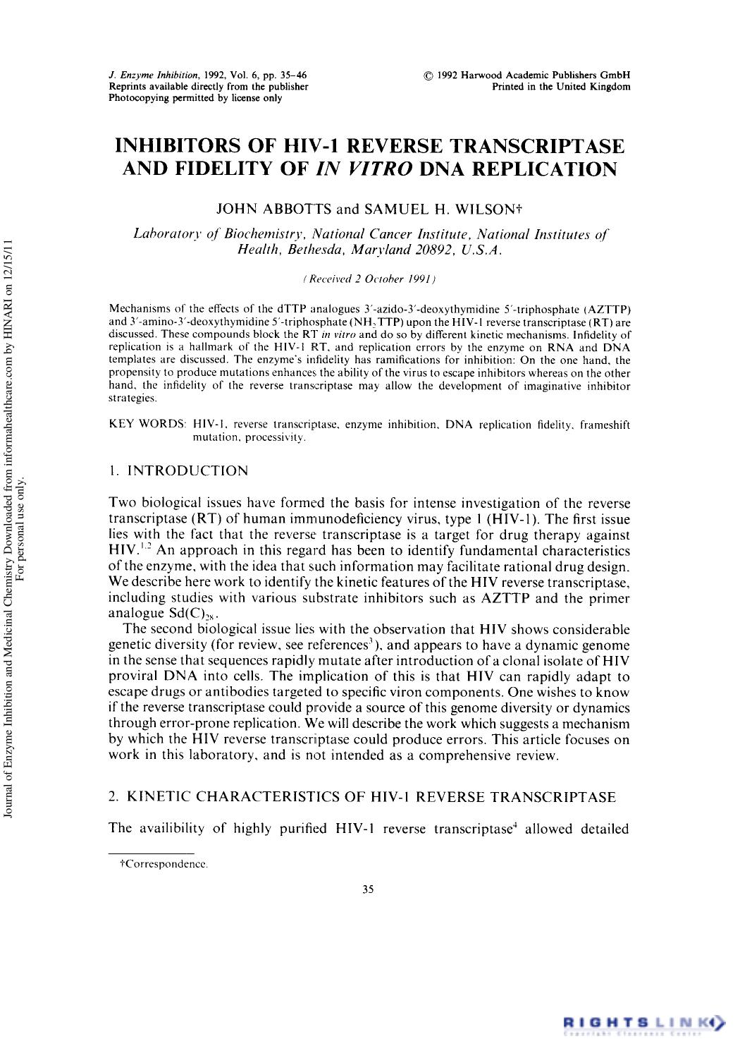 Inhibitors of HIV-1 Reverse Transcriptase and Fidelity of In Vitro DNA Replication by John Abbotts & Samuel H. Wilson