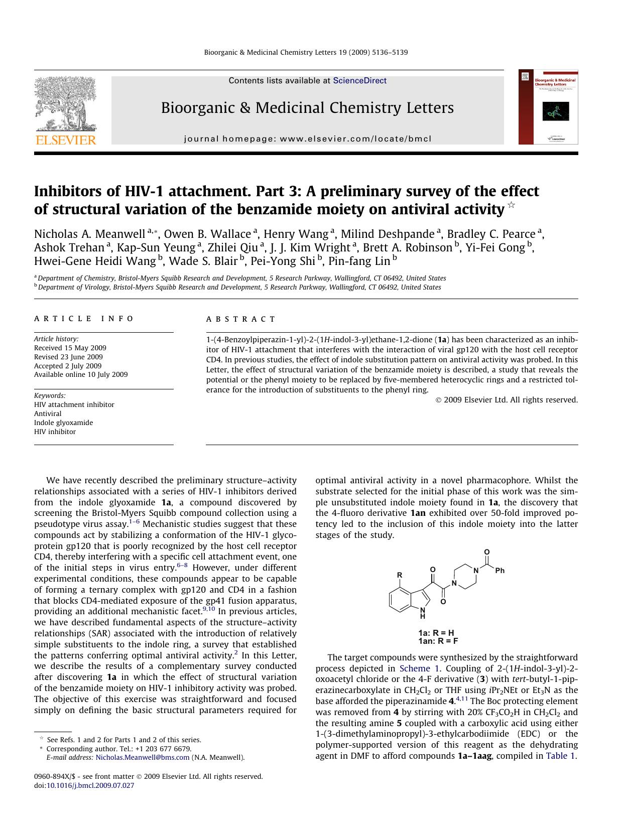 Inhibitors of HIV-1 attachment. Part 3: A preliminary survey of the effect of structural variation of the benzamide moiety on antiviral activity by unknow