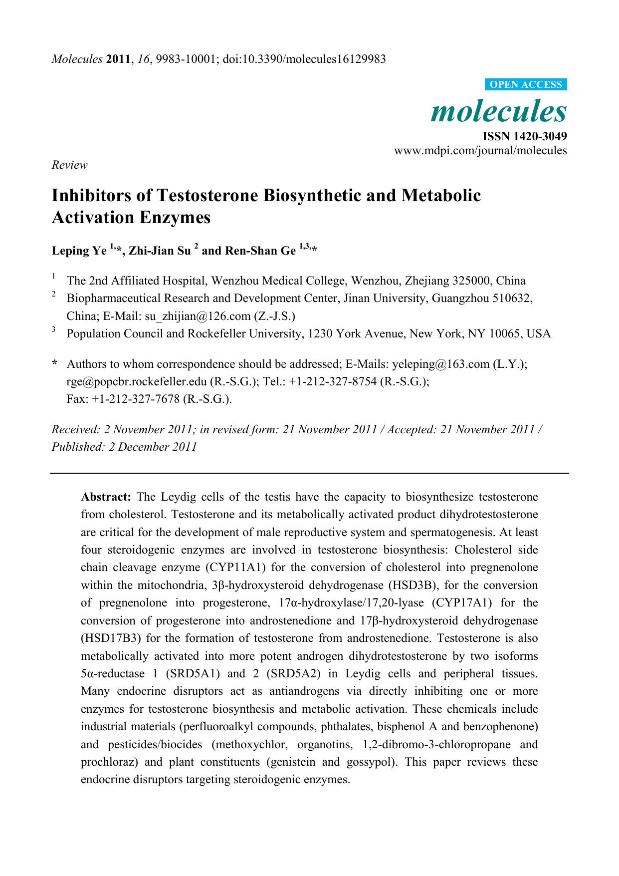 Inhibitors of Testosterone Biosynthetic and Metabolic Activation Enzymes by Leping Ye & Zhi-Jian Su and Ren-Shan Ge