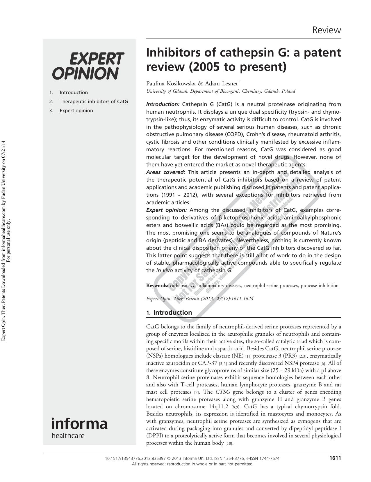 Inhibitors of cathepsin G: a patent review (2005 to present) by Paulina Kosikowska Adam Lesner