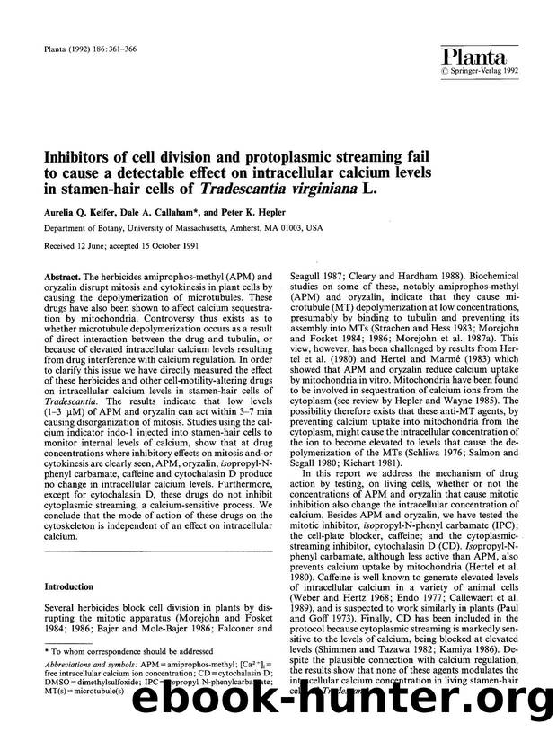 Inhibitors of cell division and protoplasmic streaming fail to cause a detectable effect on intracellular calcium levels in stamen-hair cells of <Emphasis Type="Italic">Tradescanti by Unknown