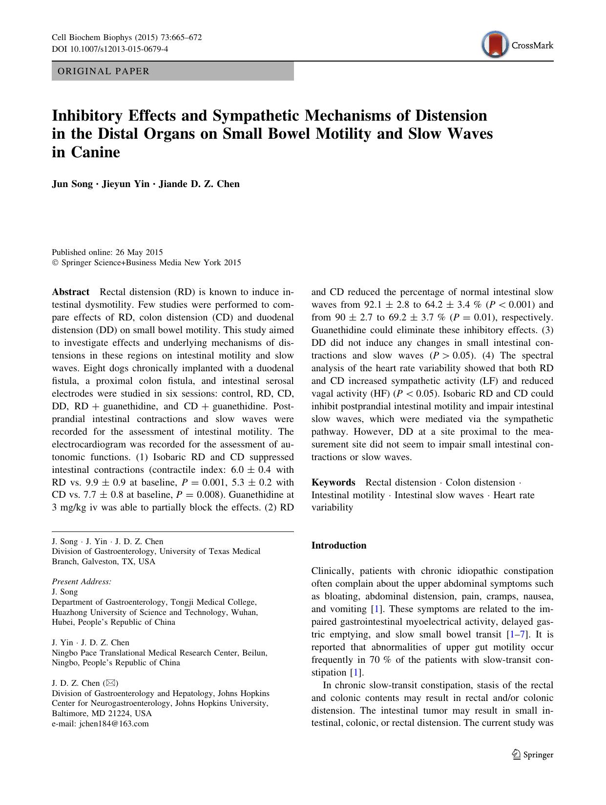 Inhibitory Effects and Sympathetic Mechanisms of Distension in the Distal Organs on Small Bowel Motility and Slow Waves in Canine by Jun Song & Jieyun Yin & Jiande D. Z. Chen