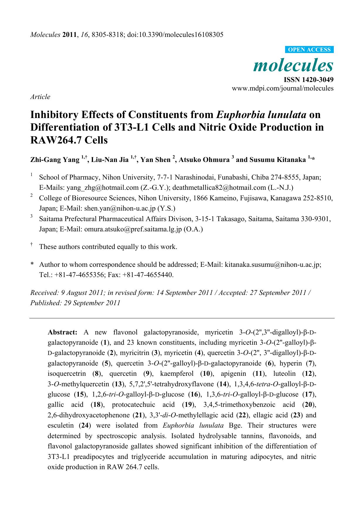 Inhibitory Effects of Constituents from Euphorbia lunulata on Differentiation of 3T3-L1 Cells and Nitric Oxide Production in RAW264.7 Cells by Zhi-Gang Yang & Liu-Nan Jia & Yan Shen & Atsuko Ohmura & Susumu Kitanaka