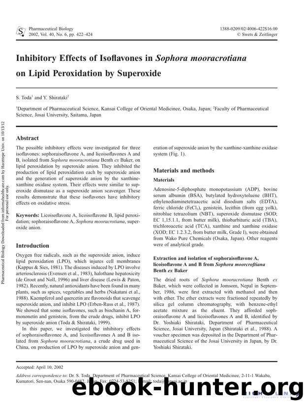Inhibitory Effects of Isoflavones in Sophora mooracrotiana on Lipid Peroxidation by Superoxide by S. Toda & Y. Shirataki