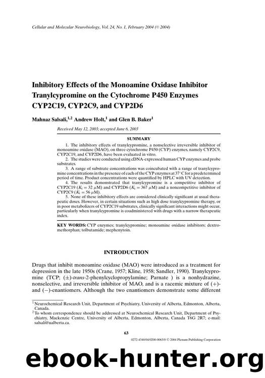 Inhibitory Effects of the Monoamine Oxidase Inhibitor Tranylcypromine on the Cytochrome P450 Enzymes CYP2C19, CYP2C9, and CYP2D6 by Unknown