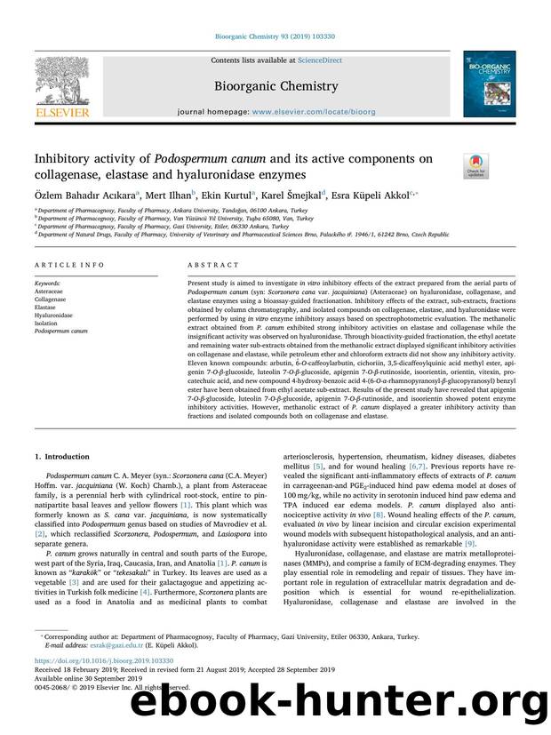Inhibitory activity of Podospermum canum and its active components on collagenase, elastase and hyaluronidase enzymes by Özlem Bahadır Acıkara & Mert Ilhan & Ekin Kurtul & Karel Šmejkal & Esra Küpeli Akkol